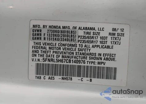 2012 Honda Odyssey Ex-L from USA, damaged, VIN 5FNRL5H67CB140976